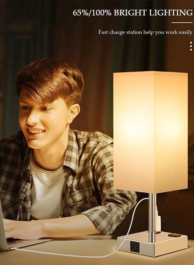 DUNISO Small Table Lamp with 3 Lighting Modes,Modern Bedroom Lamps with USB Charging Port & AC Outlet, Small Lamp Metal Base Round Flaxen Fabric Shade for Living Room,  Kids Room, Office Desk and Dorm - Image 5