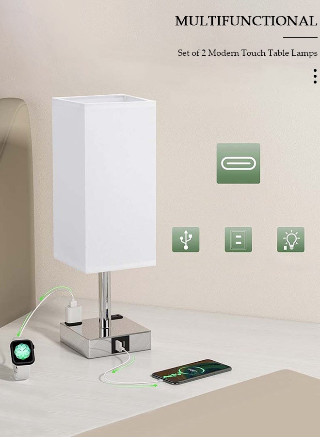 DUNISO Small Table Lamp with 3 Lighting Modes,Modern Bedroom Lamps with USB Charging Port & AC Outlet, Small Lamp Metal Base Round Flaxen Fabric Shade for Living Room,  Kids Room, Office Desk and Dorm - Image 3