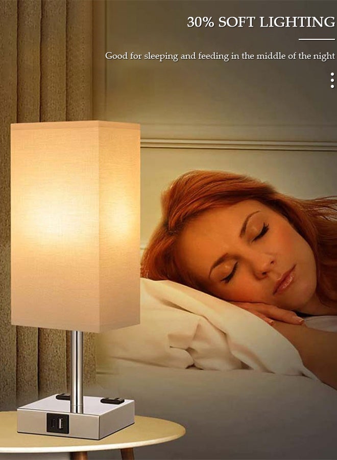 DUNISO Small Table Lamp with 3 Lighting Modes,Modern Bedroom Lamps with USB Charging Port & AC Outlet, Small Lamp Metal Base Round Flaxen Fabric Shade for Living Room,  Kids Room, Office Desk and Dorm - Image 2