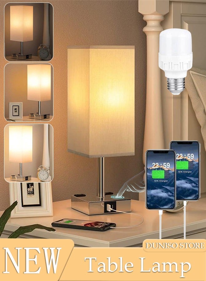 DUNISO Small Table Lamp with 3 Lighting Modes,Modern Bedroom Lamps with USB Charging Port & AC Outlet, Small Lamp Metal Base Round Flaxen Fabric Shade for Living Room,  Kids Room, Office Desk and Dorm - Image 1