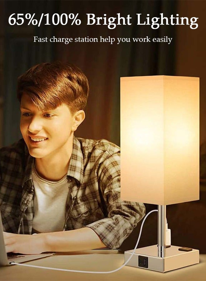 DUNISO Small Table Lamp with 3 Lighting Modes,Modern Bedroom Lamps with USB Charging Port & AC Outlet, Small Lamp Metal Base Round Flaxen Fabric Shade for Living Room,  Kids Room, Office Desk and Dorm - Image 2