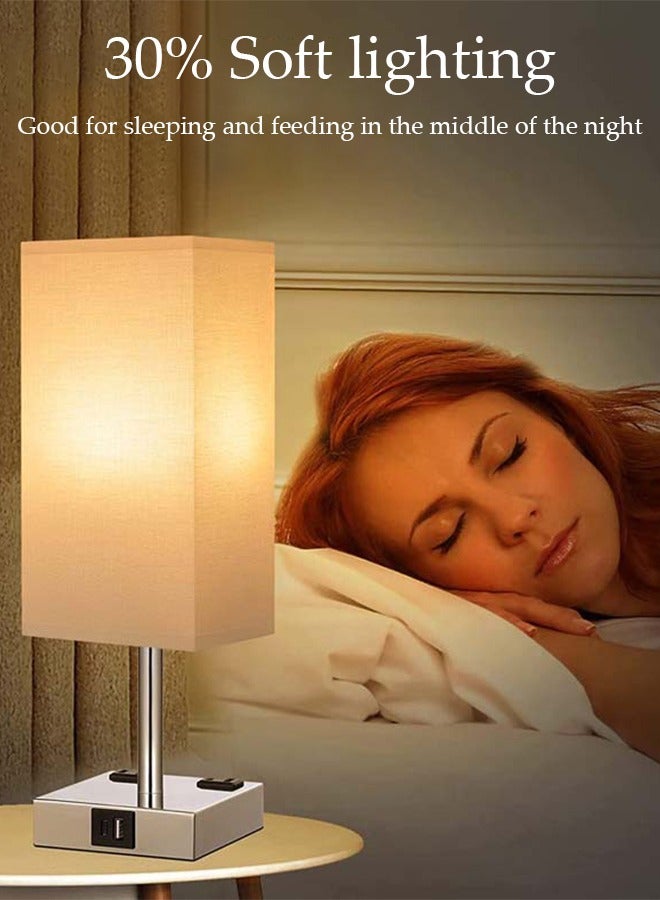DUNISO Small Table Lamp with 3 Lighting Modes,Modern Bedroom Lamps with USB Charging Port & AC Outlet, Small Lamp Metal Base Round Flaxen Fabric Shade for Living Room,  Kids Room, Office Desk and Dorm - Image 3