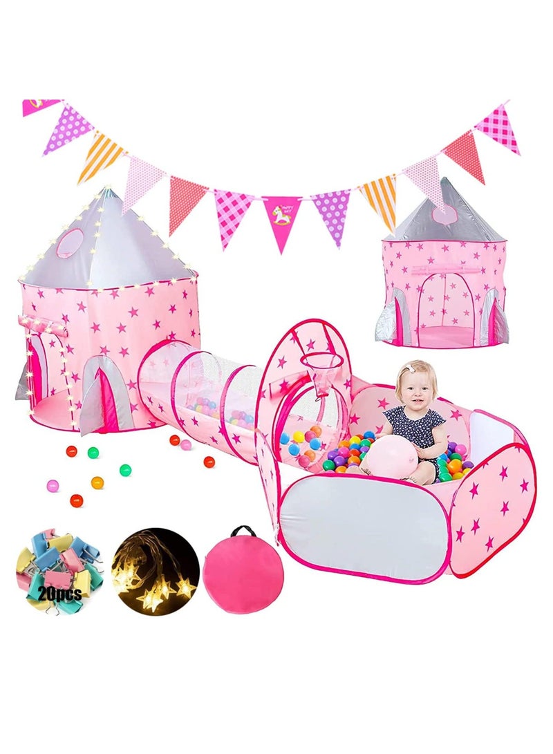 DUNISO 3 Pcs Kids Play Tent Sets (Play Tent, Crawl Tunnel And Ball Pit) Pop Up Portable Play Tent, Children Castle Playhouse For Girls & Boys, Indoor And Outdoor (Pink) - Image 2