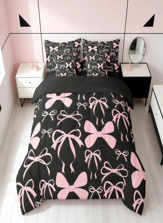 Feelyou Bow Bedding Set for All Season Boys Girls Queen Size Black Pink Girls Bow 7 Pieces Comforter Sets Women Men Cute Bowknot Bed in a Bag with Comforter, Sheets, Pillowcases & Cushion Cover - Image 4