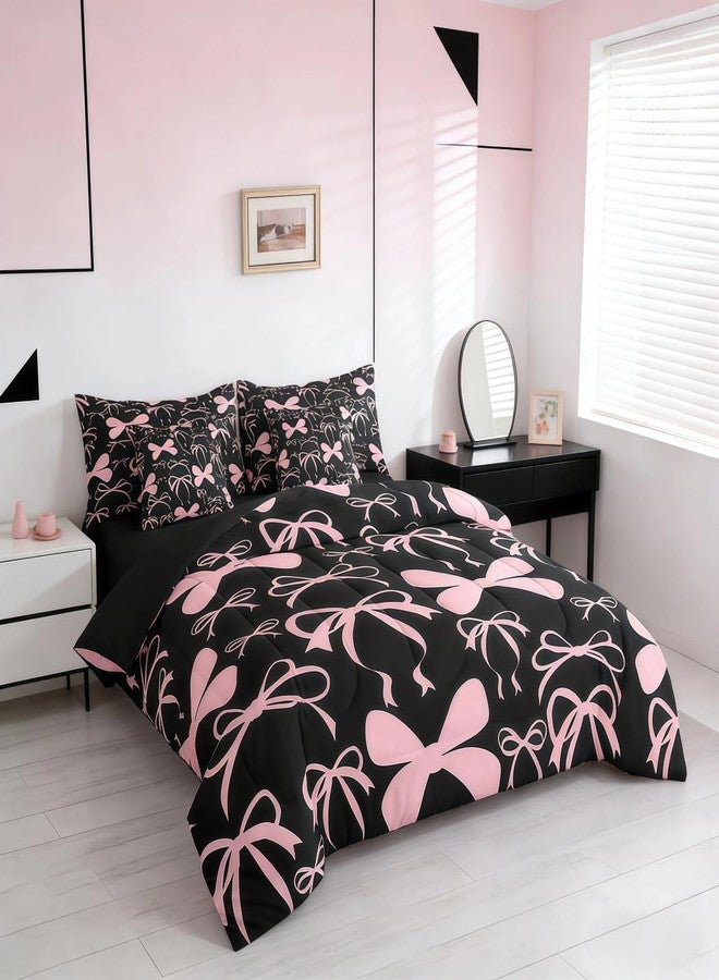 Feelyou Bow Bedding Set for All Season Boys Girls Queen Size Black Pink Girls Bow 7 Pieces Comforter Sets Women Men Cute Bowknot Bed in a Bag with Comforter, Sheets, Pillowcases & Cushion Cover - Image 5