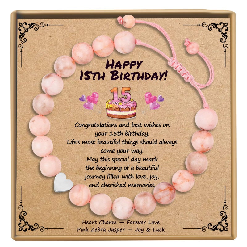 Sereney 15 Year Old Girl Gift, Heart Pink Beaded Bracelets as Quinceanera Gifts Adjustable Bracelet as 15 Year Old Girl Birthday Gifts 15th Birthday Decorations for Girls Daughter Granddaughter Niece - Image 1