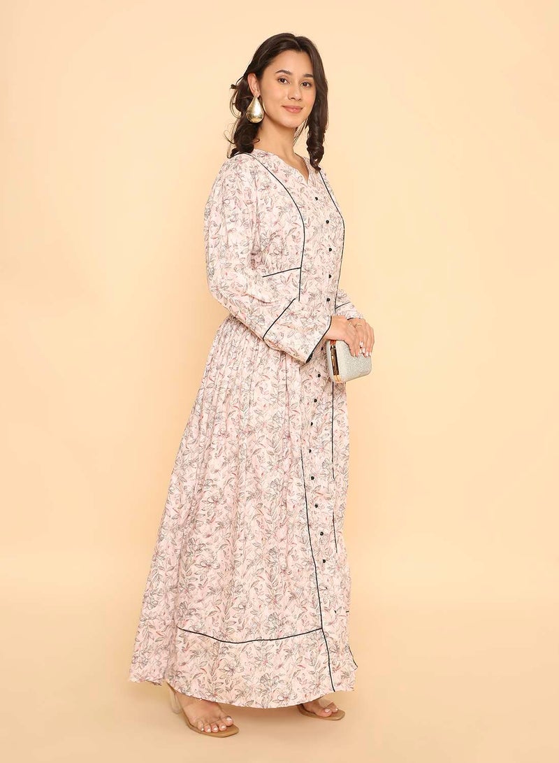 HANA & SARA Elegant dusty pink printed arabic jalabiya dress for womens - Image 4