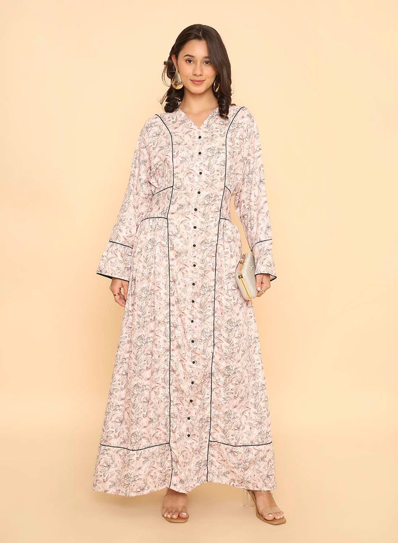 HANA & SARA Elegant dusty pink printed arabic jalabiya dress for womens - Image 1