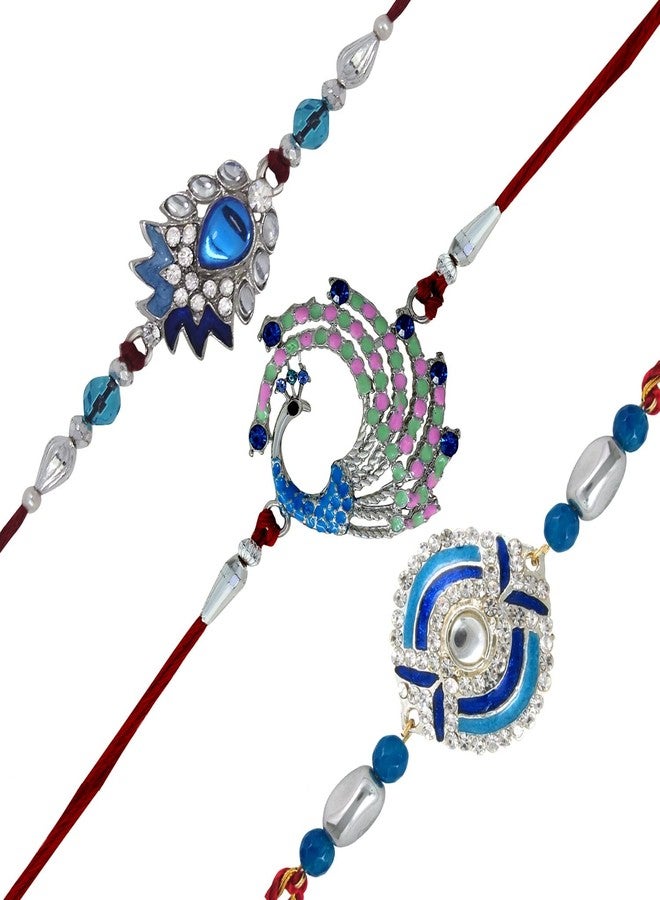 Mahi Rakhi Set for Brother of 3 Meena Work Peacock-Themed Blue Rakhi for Brother, Bhaiya, Bhai CO1104639R - Image 4