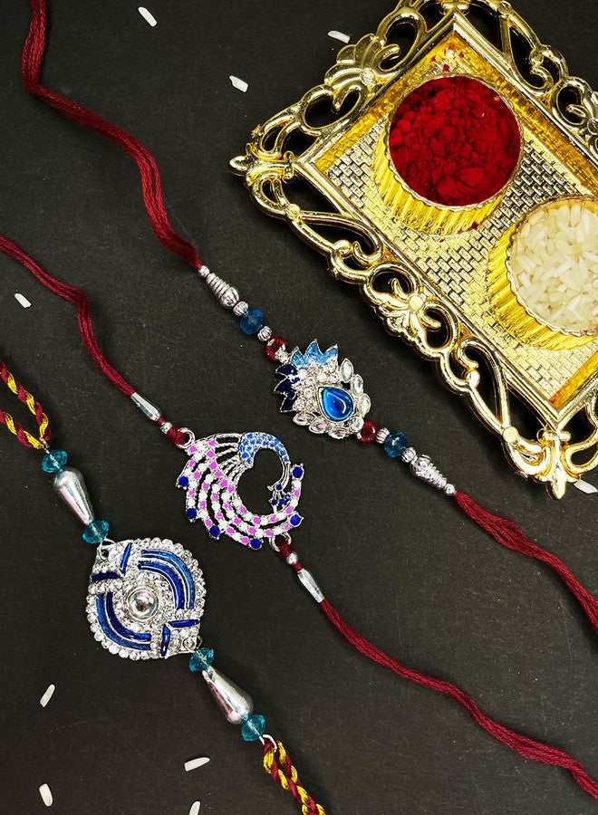 Mahi Rakhi Set for Brother of 3 Meena Work Peacock-Themed Blue Rakhi for Brother, Bhaiya, Bhai CO1104639R - Image 3