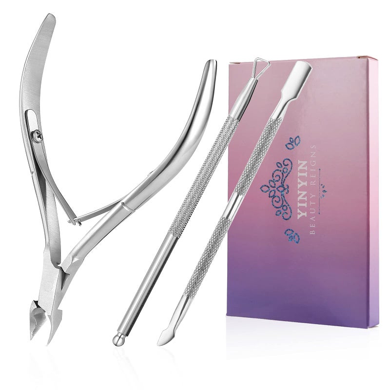 YINYIN Cuticle Trimmer with Cuticle Pusher and Cutter, Professional Stainless Steel Nippers, Cutter Clippers, Cuticle Remover, Pedicure Manicure Tools for Fingernails and Toenails, Sliver - Image 1