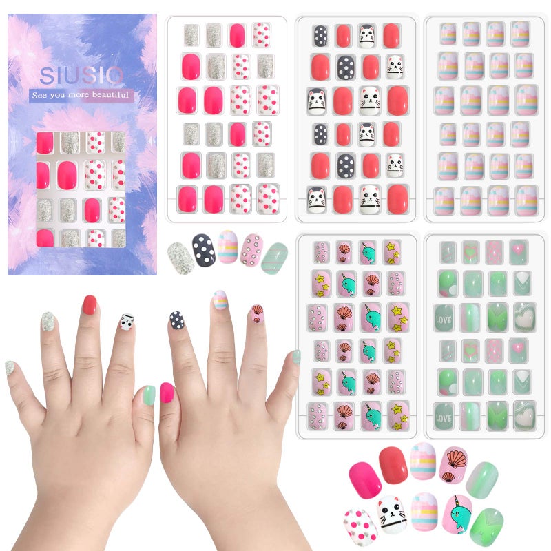 SIUSIO 120 Pcs 5 Pack Children Acrylic Fake Nails Press on Preglue Full Cover Glitter Gradient Color Rainbow Short False Nail Art Kits Set Stick on Nails for Kids Little Girls  Pink Hamster