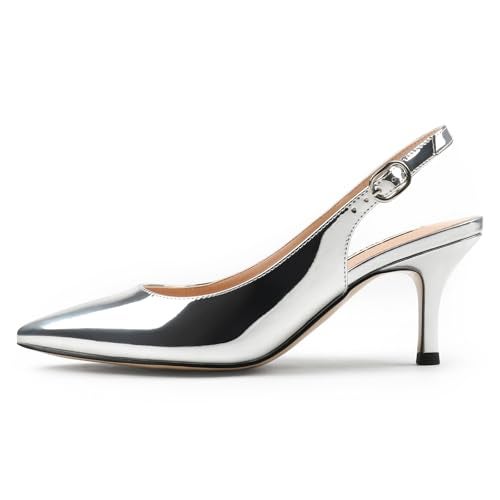 JOY IN LOVE Slingback Kitten Heels for Women Closed Pointed Toe Pumps Dress Shoes Silver Patent 7 US - Image 1