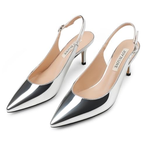 JOY IN LOVE Slingback Kitten Heels for Women Closed Pointed Toe Pumps Dress Shoes Silver Patent 7 US - Image 3