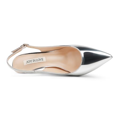 JOY IN LOVE Slingback Kitten Heels for Women Closed Pointed Toe Pumps Dress Shoes Silver Patent 7 US - Image 2