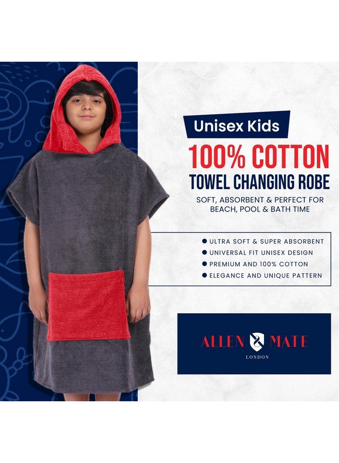 ALLEN & MATE ألين ومات منشفة شاطئ للأطفال 100% قطن بونشو - رداء تغيير سباحة سريع الجفاف مع غطاء ورقم جيب للأولاد والبنات (10-13 سنة، رمادي/أحمر) - Image 2