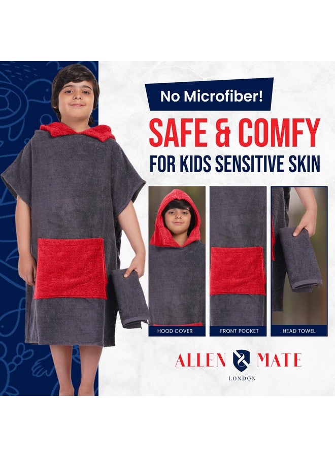 ALLEN & MATE ألين ومات منشفة شاطئ للأطفال 100% قطن بونشو - رداء تغيير سباحة سريع الجفاف مع غطاء ورقم جيب للأولاد والبنات (10-13 سنة، رمادي/أحمر) - Image 3