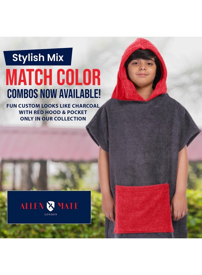 ALLEN & MATE ألين ومات منشفة شاطئ للأطفال 100% قطن بونشو - رداء تغيير سباحة سريع الجفاف مع غطاء ورقم جيب للأولاد والبنات (10-13 سنة، رمادي/أحمر) - Image 5