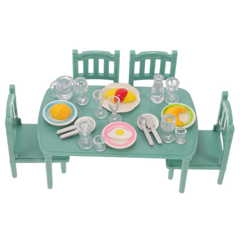 Miniature Dollhouse Dining Table Chairs Set With Food Accessories Decor - Image 2
