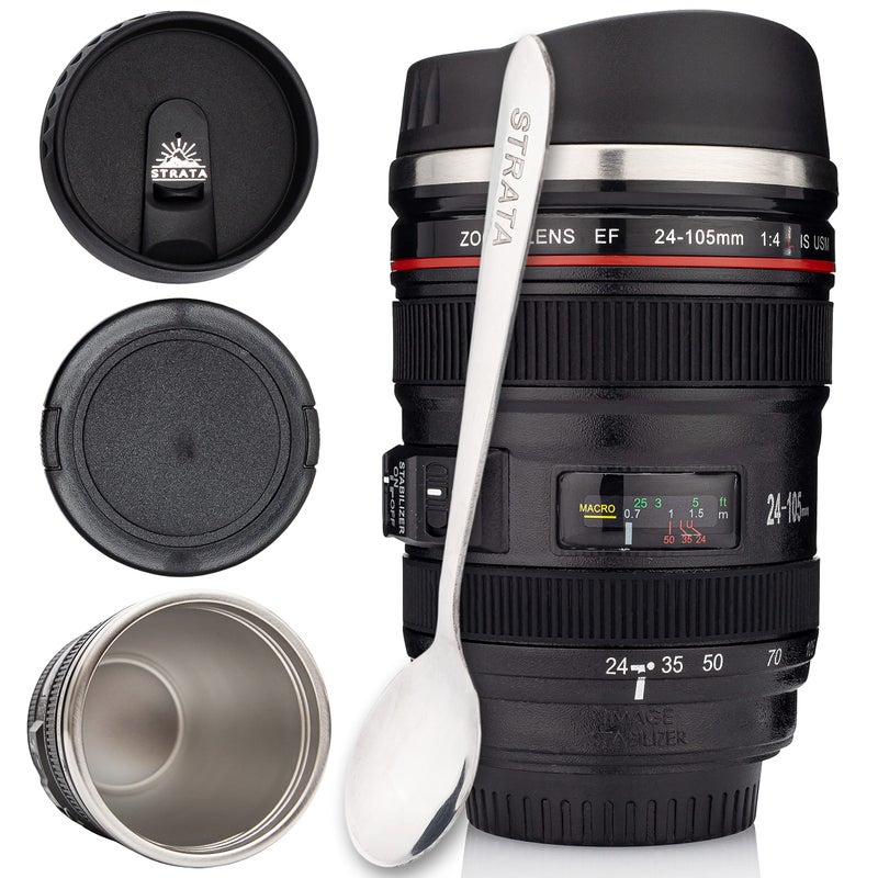STRATA CUPS Camera Lens Coffee Mug -13.5oz | (2 LIDS + SPOON + BAG) Gift for Him, Dad Gifts, Photography, Camera accessories, Novelty Gifts - Image 1