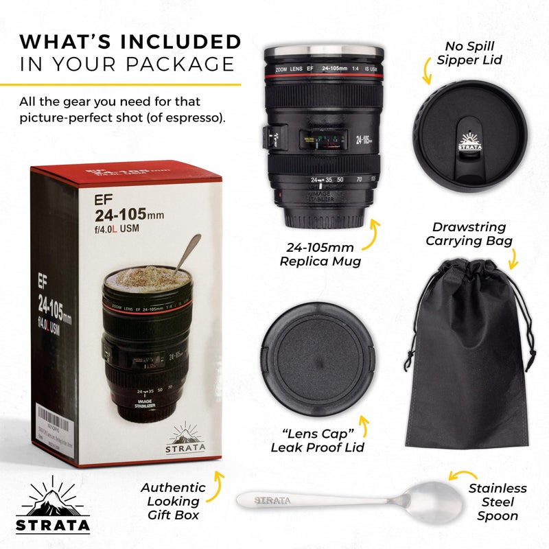 STRATA CUPS Camera Lens Coffee Mug -13.5oz | (2 LIDS + SPOON + BAG) Gift for Him, Dad Gifts, Photography, Camera accessories, Novelty Gifts - Image 2