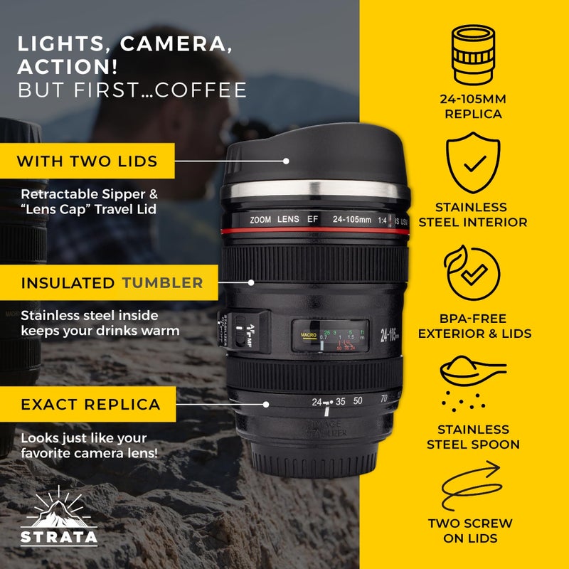 STRATA CUPS Camera Lens Coffee Mug -13.5oz | (2 LIDS + SPOON + BAG) Gift for Him, Dad Gifts, Photography, Camera accessories, Novelty Gifts - Image 5