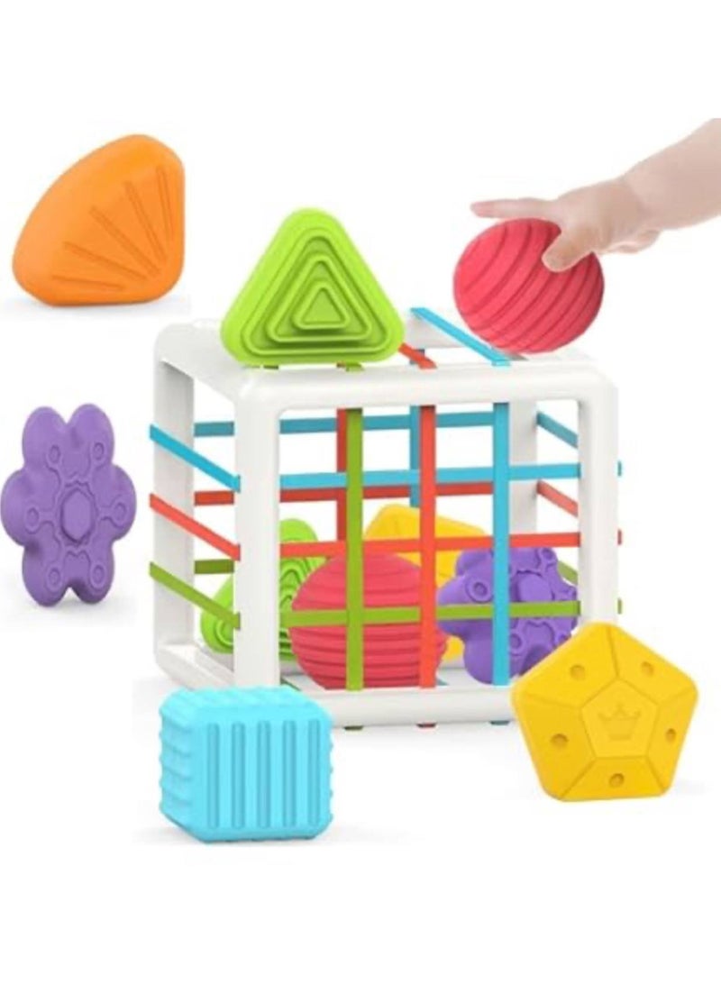 Montessori toys for 1-year-olds, children's sorting toy, colorful cube and 6 multi-sensory shape pieces, educational and developmental toys for toddlers, birthday gifts, toys for children aged 6 to 12 to 18 months