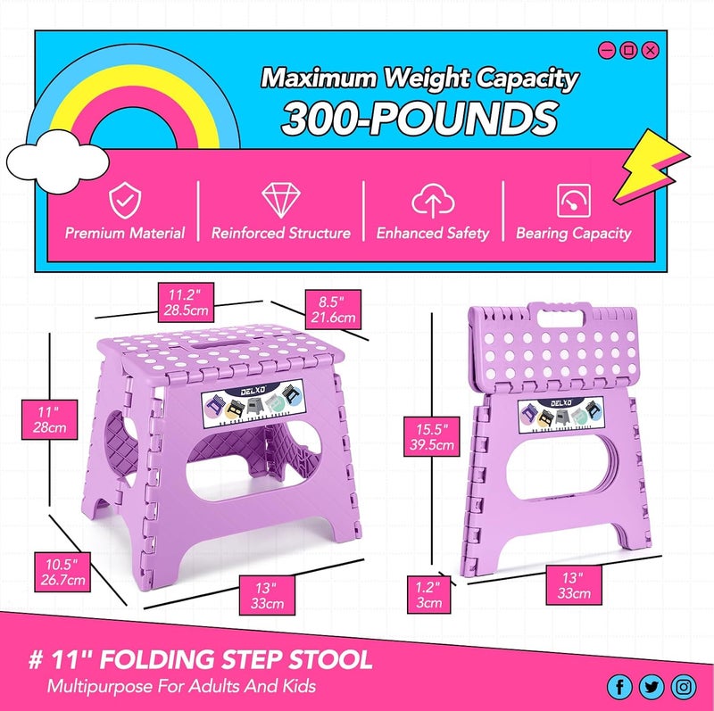 Delxo 11 inch Folding Step Stool, Non-Slip Foldable Stools Up to 300 LBS, Step Stool with Handle, Lightweight for Kitchen, Bathroom, Bedroom, Garden, Light Purple, 1PC - Image 2