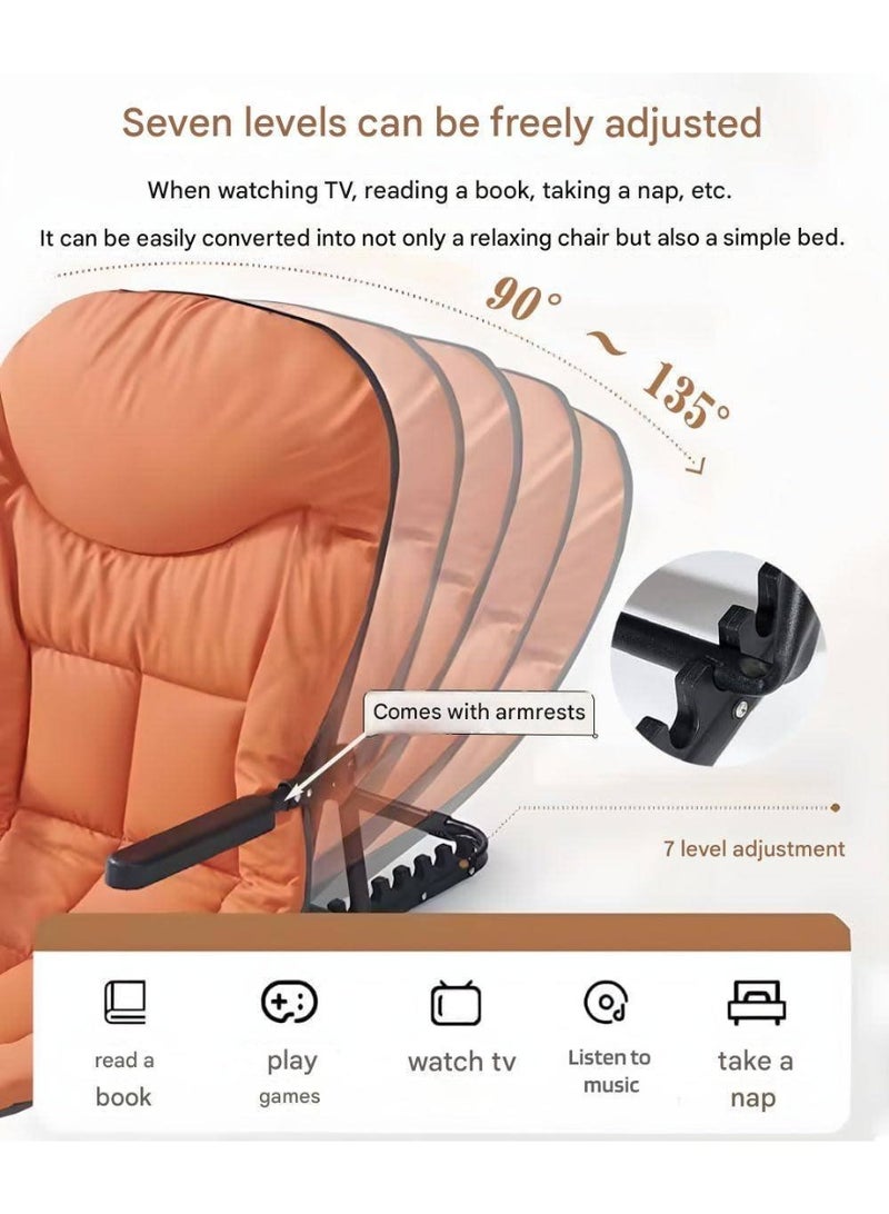 Folding Recliner Chair with Armrest and Cushion, Adjustable Backrest 90° - 135°, Portable and Space-Saving Bed Chair for Sleeping, Reading or Gaming Orange - Image 2