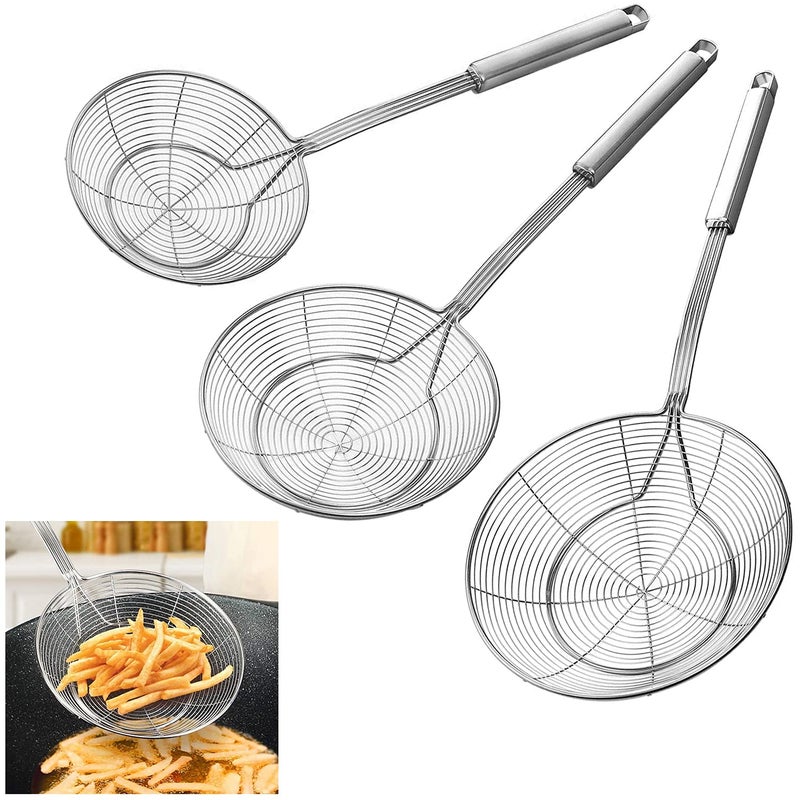 KEISSCO Stainless Steel Spider Strainer Skimmer Spoon For Frying and Cooking  Set of 3 Solid Wire Asian Strainer Ladle Pasta Strainer with Long Handle Professional Kitchen Skimmer Ladle
