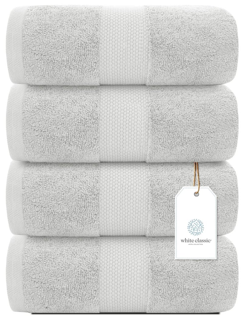 White Classic مجموعة من 4 من مناشف الحمام الفاخرة الكلاسيكية البيضاء - 700 غم قطن ناعم للغاية 27x54 | عالية الامتصاص وسريعة الجفاف | مناشف فندقية للحمام الفاخر، مناشف استحمام فخمة، فضي - Image 2