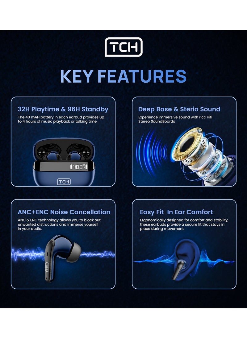 TCH - L10 ANC" Wireless Earbuds - Active Noise Cancellation, HiFi" Audio Sound Quality, Powerful Bass, Bluetooth with AI Calls, 4 Mics, IPX4 Waterproof, 8H Battery Life, LED Display, Smart Touch Controls - Image 1