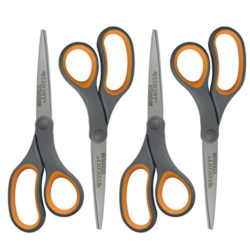 Westcott 8-Inch Titanium Bonded Straight Scissors, Soft Handle, Gray/Yellow, 4-Pack - Image 1