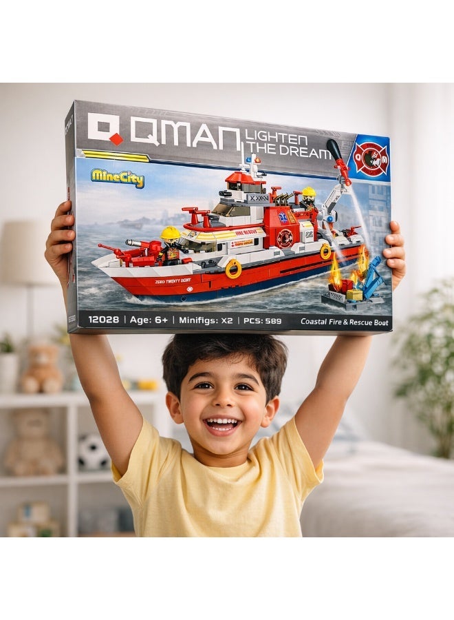 Qman Mine City Coastal Fire & Rescue Boat Building Set – 589 PCS with 2 Minifigures | Firefighting & Rescue Ship Toy for Kids 6+ - Image 2
