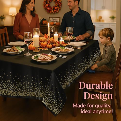 Prestee Gold and Black Table Cloth for Events - Pack of 4, 54 x 108 Inches - Disposable Table Cover, Ideal Black Tablecloths for Party Decorations, Dining, and Holiday Celebrations - Image 4