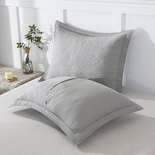 WINLIFE 100% Cotton Quilted Pillow Sham Floral Printed Pillow Cover (Grey) - Image 4