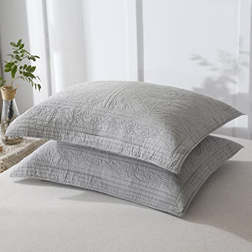 WINLIFE 100% Cotton Quilted Pillow Sham Floral Printed Pillow Cover (Grey) - Image 2