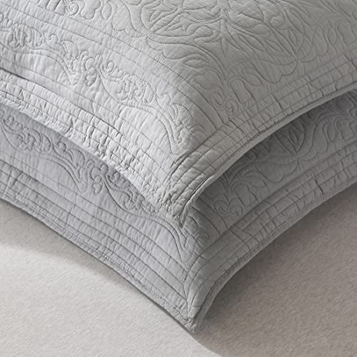 WINLIFE 100% Cotton Quilted Pillow Sham Floral Printed Pillow Cover (Grey) - Image 3