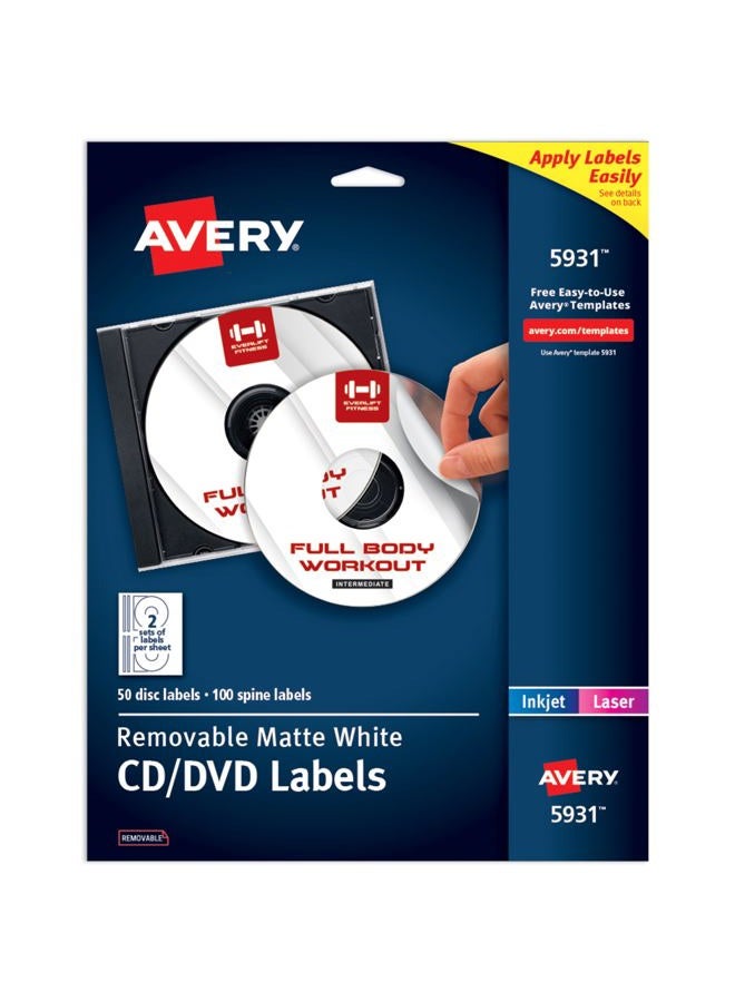 AVERY ملصقات أقراص مضغوطة قابلة للطباعة من أفيري، بيضاء غير لامعة، لاصق قابل للإزالة، لطابعات الليزر والحبر، 50 ملصق قرص مضغوط فارغ و100 ملصق عمود، رائعة لملصقات الأقراص المضغوطة، ملصقات أقراص DVD، ملصقات أقراص الكمبيوتر، والمزيد (5931) - Image 1