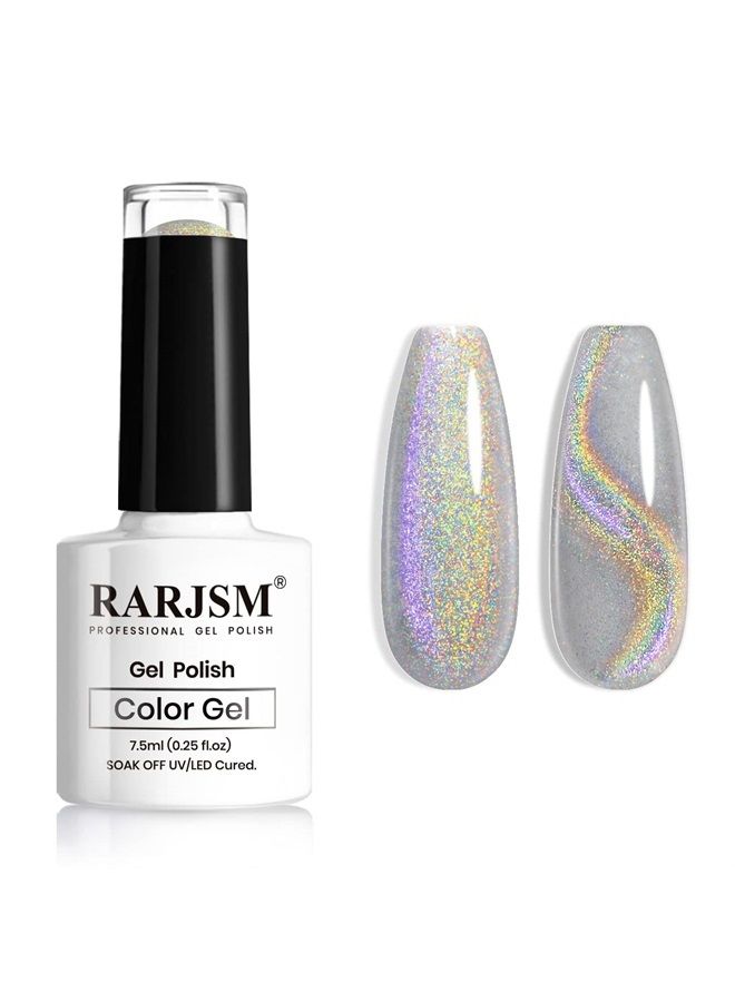 RARJSM Silver Holographic Glitter Gel Cat Eye Gel Nail Polish, Gel Polish Galaxy Rainbow Effect Universal without Magnet Soak Off UV LED DIY Manicure Art for Salon Designs and Home DIY 7.5ML - Image 1