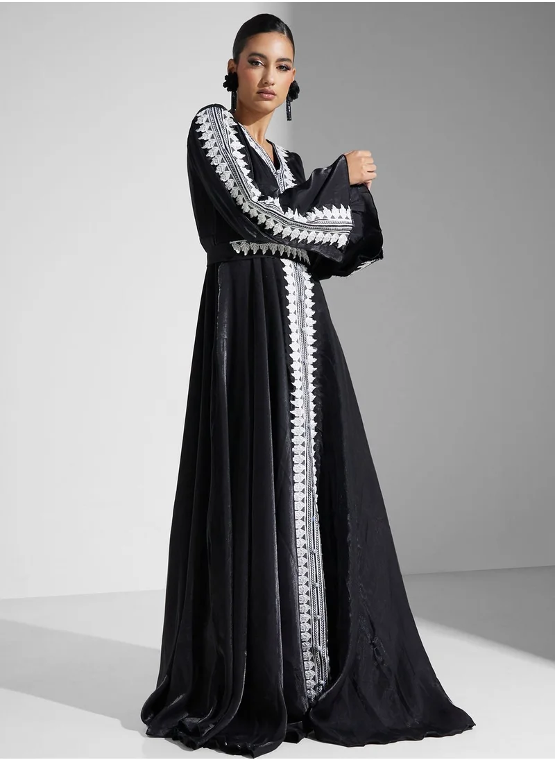 hayas closet Lace Detail Moroccan Belted Jalabiya
