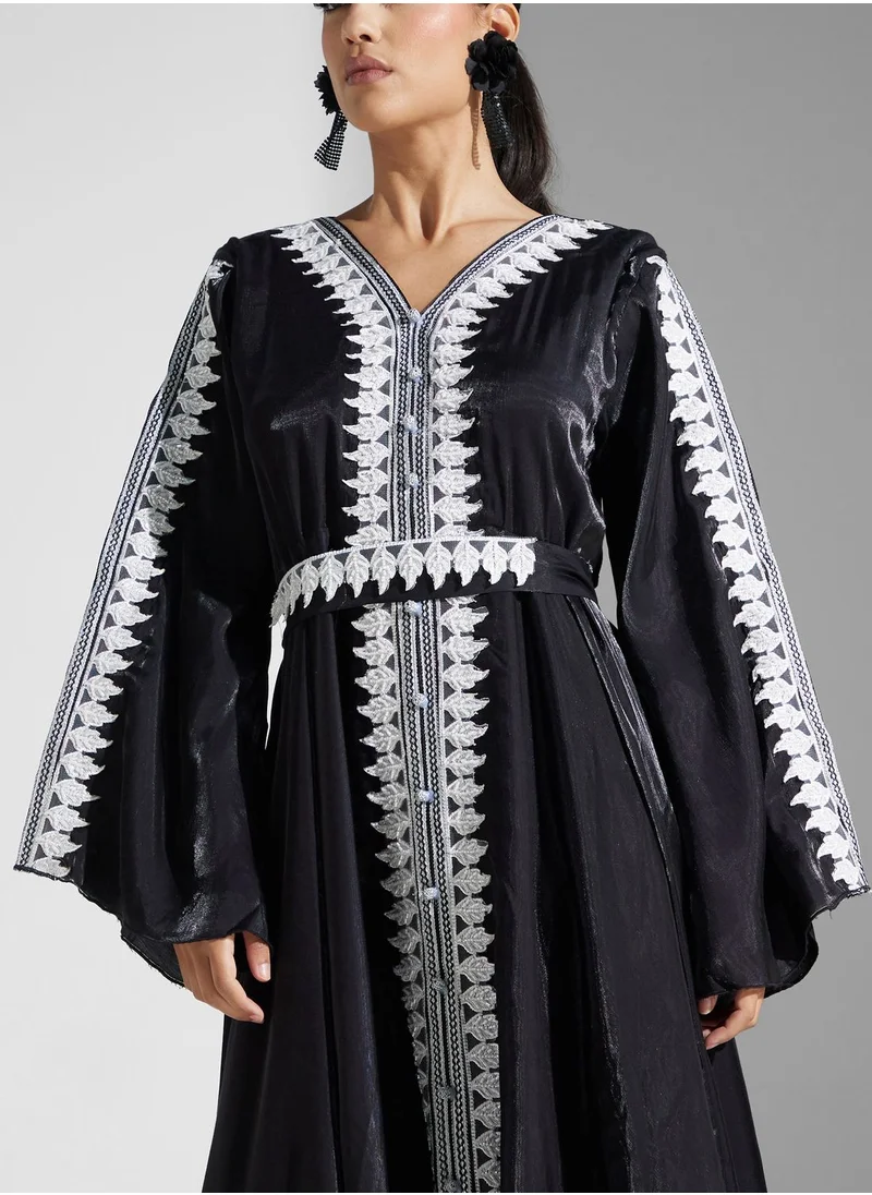 hayas closet Lace Detail Moroccan Belted Jalabiya