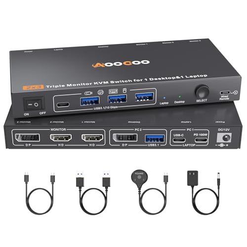 AOOCOO USB C DP KVM Switch 2 Computers 3 Monitors4K1080P60Hz MST KVM Switch for 1 PC1 Laptop Share 3 Monitor with 4 USB30 DevicesPD for Laptop USB Cables and Power Adapter4K USB C DP 2 in 3 Out KVM - Image 1