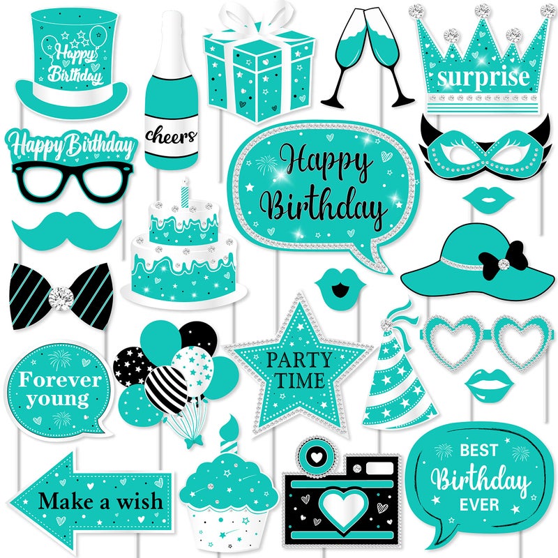 Turquoise Birthday Photo Booth Props 24PCS Teal Blue Happy Birthday Decorations with Forever Young Selfie Picture Prop for Adults Party Supplies