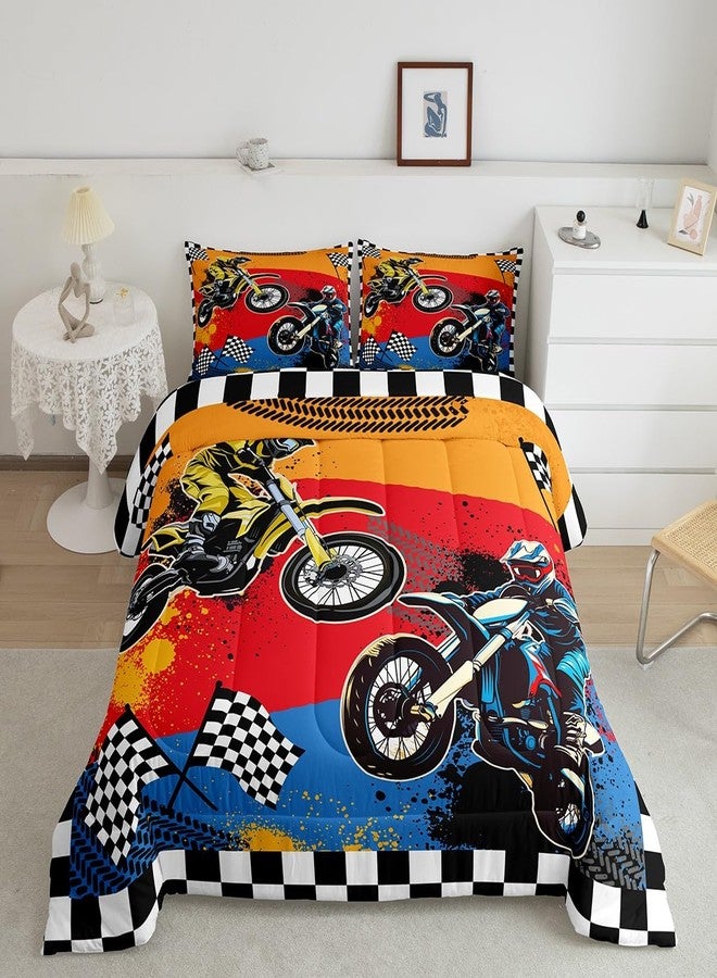 Feelyou Boys Dirt Bike Comforter Set Full,Motocross Rider Bedding Set,Black White Buffalo Plaid Duvet,Cool Sport Car Quilted Comforter Motorcycle Bedding for Kids Teens Bedroom Decor - Image 1