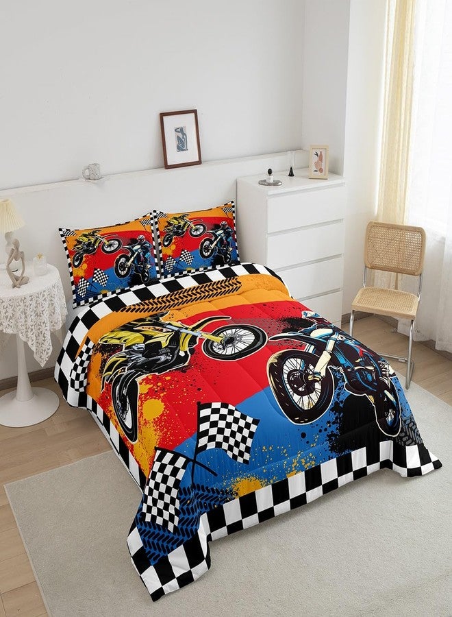Feelyou Boys Dirt Bike Comforter Set Full,Motocross Rider Bedding Set,Black White Buffalo Plaid Duvet,Cool Sport Car Quilted Comforter Motorcycle Bedding for Kids Teens Bedroom Decor - Image 2