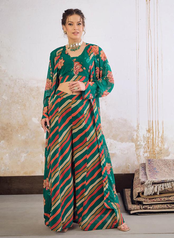 SASSAFRAS Floral Crop Top with Palazzo Pants and Shrug Set - Image 1