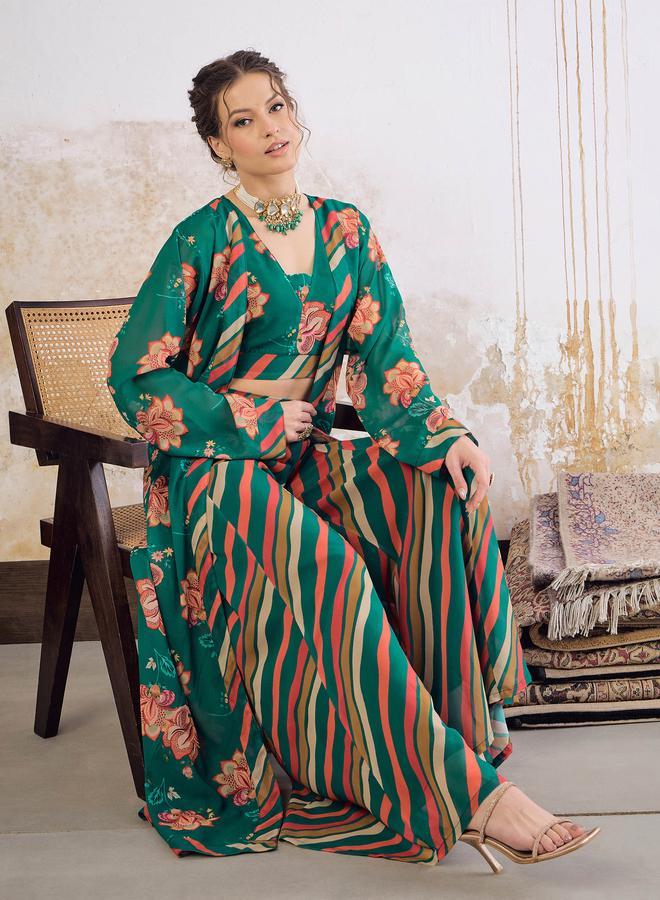 SASSAFRAS Floral Crop Top with Palazzo Pants and Shrug Set - Image 3