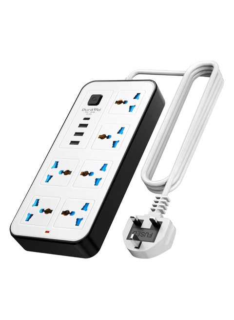 Duravel Universal Extension Lead/Cord with Multiple Functions, UK 3-Pin Plug Socket with 6 Outlets | 3 USB Ports | 1 Type-C Cable Port, 2M Power Strip for Home, Kitchen, and Office (WHITE)