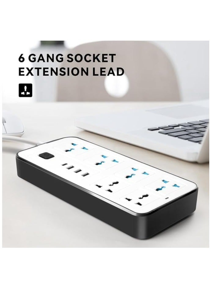 درافل كابل تمديد عالمي متعدد الوظائف من دورافيل، مقبس ثلاثي الأطراف مع 6 منافذ | 3 منافذ USB | منفذ كابل من النوع C، شريط طاقة بطول 2 متر للمنزل والمطبخ والمكتب (أبيض) - Image 2